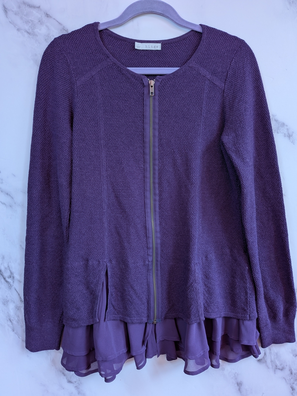 Plum Purple Chiffon Ruffle Hem Zip Cardigan L Whimsigoth Romantic